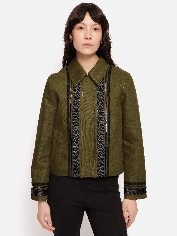 Cotton Trim Detail Jacket | Khaki Belted Jacket Elasticated Jacket Padded Jacket