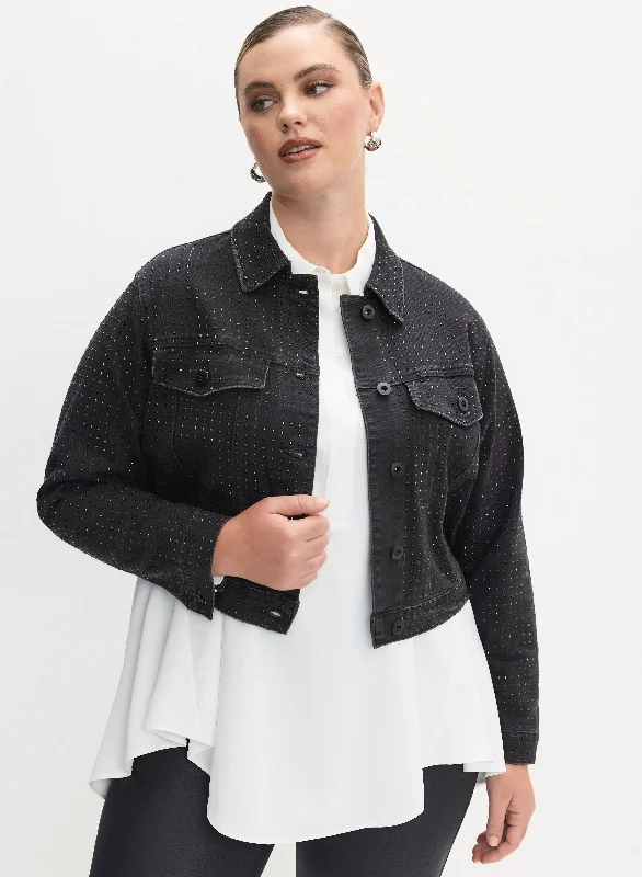 Melanie Lyne - Embellished Cropped Denim Jacket Appliqued Jacket Beaded Jacket Sequined Jacket