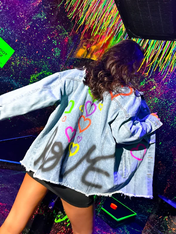 Denim Days - Light Wash Blue Heart Graphic Jacket Chenille Jacket Brocade Jacket Lace Jacket