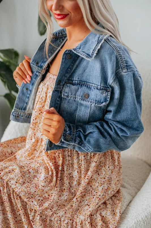 Desi Hidden Denim Jacket - Medium Wash Boat Neck Shawl Collar Notched Collar