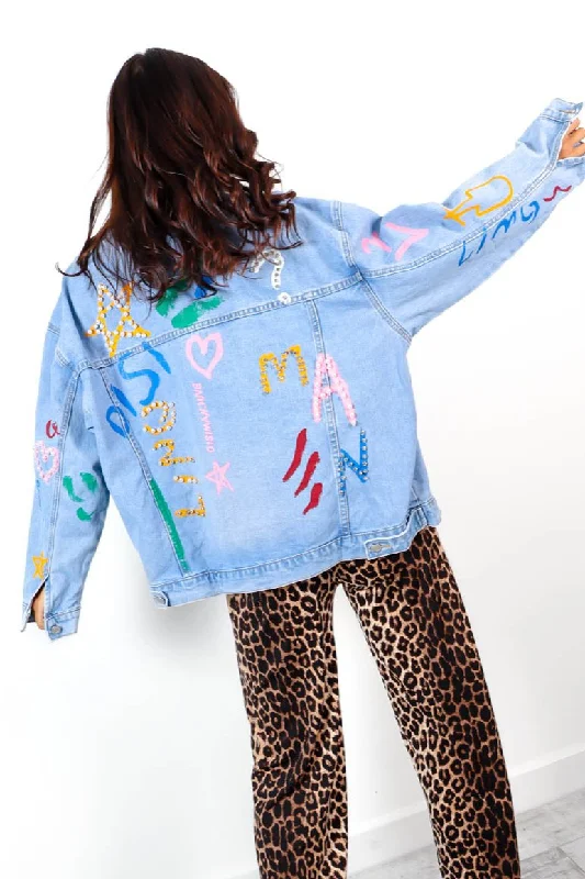 Embellish The Truth - Light Blue Embellished Denim Jacket Rayon Jacket Velvet Jacket Corduroy Jacket
