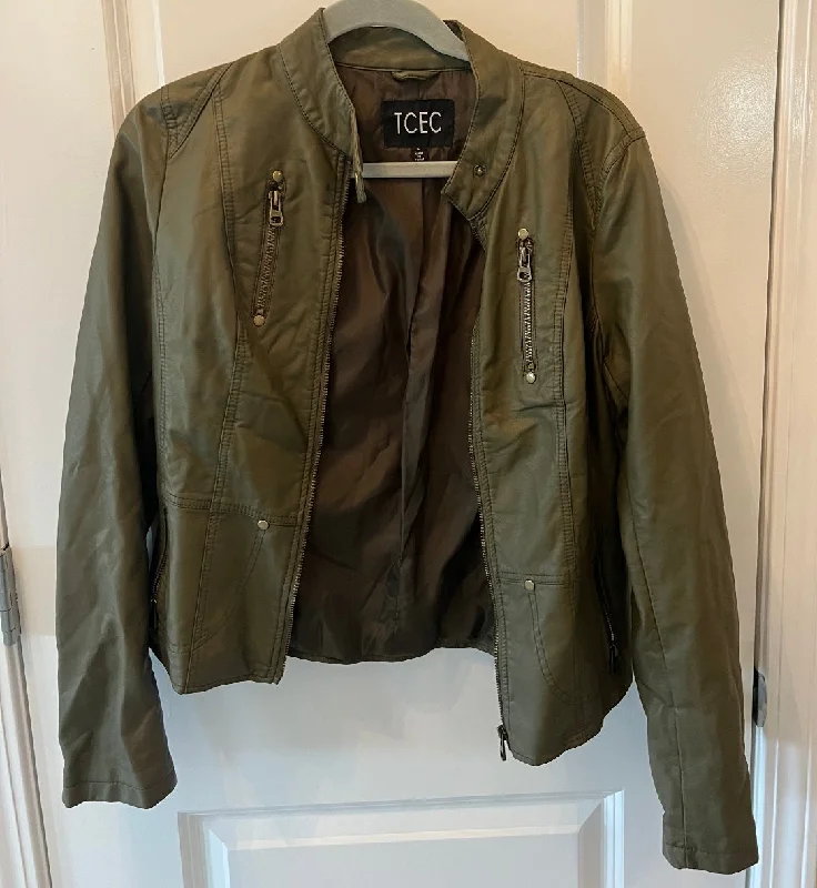 Faux Leather Moto Jacket Women’s Size Medium Olive Green Snapped Jacket Toggled Jacket Drawstring Jacket