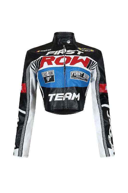 First Row PU Patched Moto Jacket One-Shoulder Jacket Off-the-Shoulder Jacket Asymmetrical Jacket