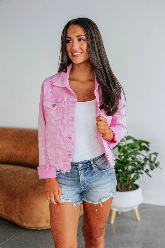 Gemma Risen Denim Jacket - Acid Pink Front Pockets Side Pockets Patch Pockets