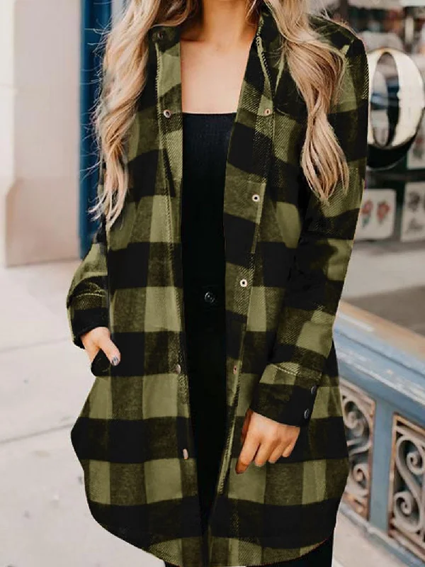 Green Plaid Button-Up Shirt Jacket Stand-Up Collar Roll-Neck Collar Turtle Neck