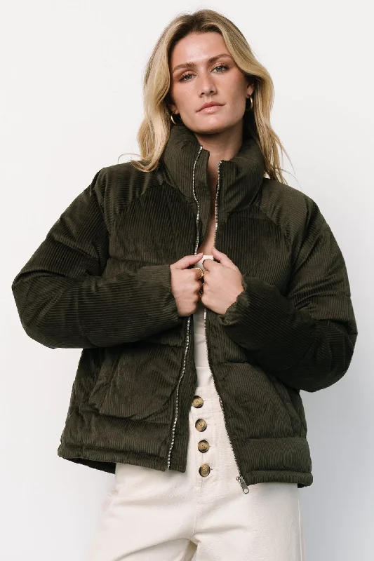 Holden Corduroy Puffer Jacket | Olive Charcoal Print Jacket Jacquard Jacket Patchwork Jacket