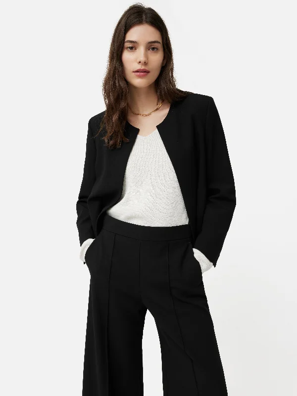 Italian Modern Crepe Short Jacket | Black Ribbed Jacket Pleated Jacket Ruffled Jacket