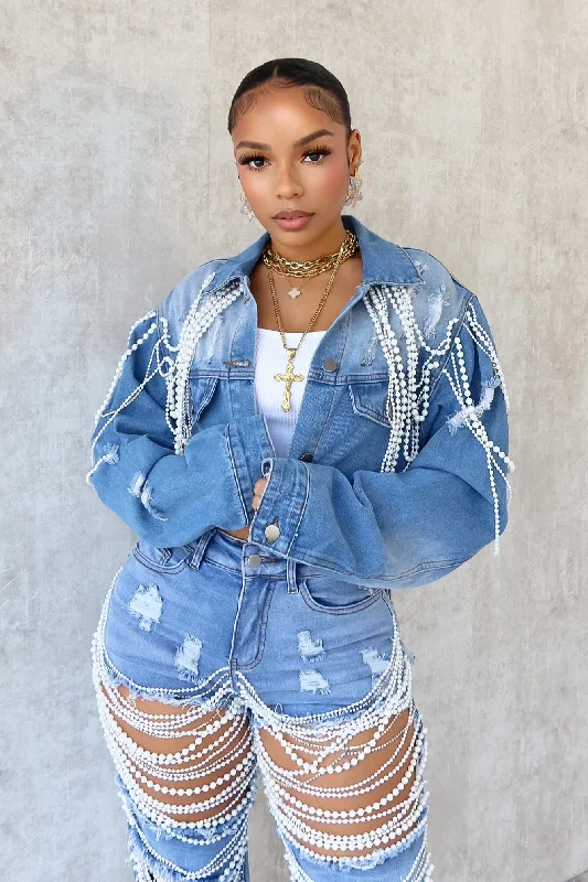Janet Pearl & Rhinestone Draped Denim Jacket Chenille Jacket Brocade Jacket Lace Jacket