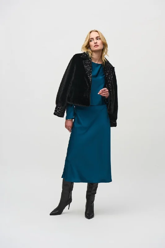 Joseph Ribkoff Black Faux Fur Jacket with Sequins Trim Elasticated Jacket Padded Jacket Insulated Jacket