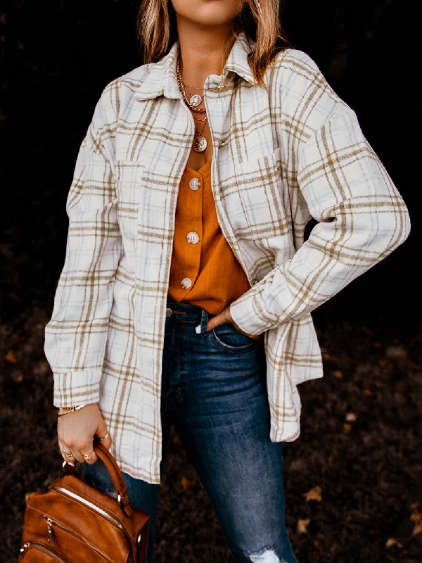 Khaki Plaid Button-Up Shirt Jacket with Side Slits Fitted Jacket Loose Jacket Oversized Jacket