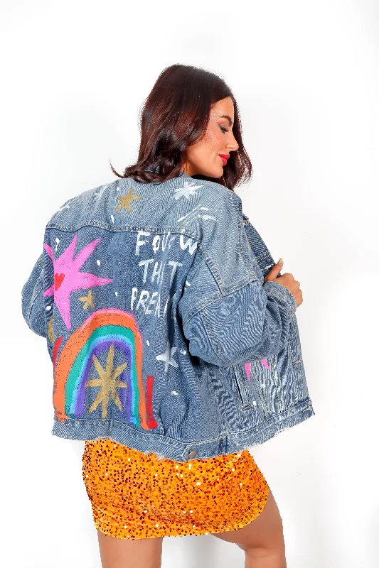 Look On The Bright Side - Light Blue Rainbow Denim Jacket Herringbone Jacket Houndstooth Jacket Plaid Jacket
