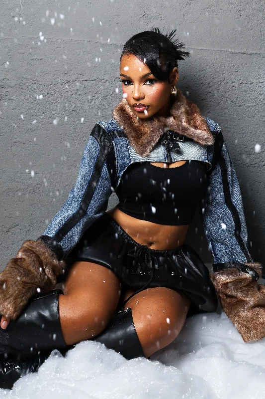 Messina Faux Fur Denim Crop Jacket Stand-Up Collar Roll-Neck Collar Turtle Neck