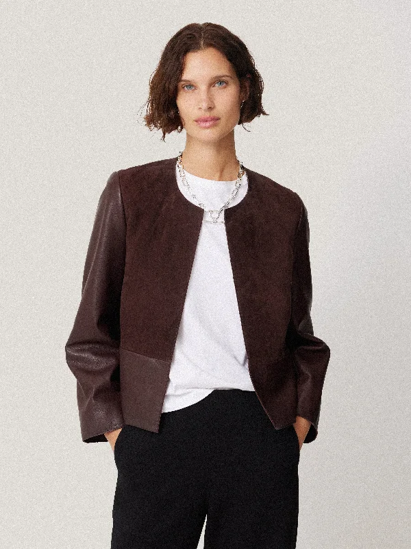 Nakoa Leather Mix Jacket | Oxblood Tiered Jacket Buttoned Jacket Zippered Jacket