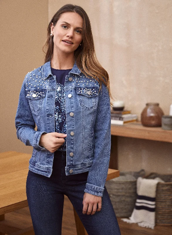 Pearl & Rhinestone Embellished Denim Jacket Satin Jacket Silk Jacket Chiffon Jacket