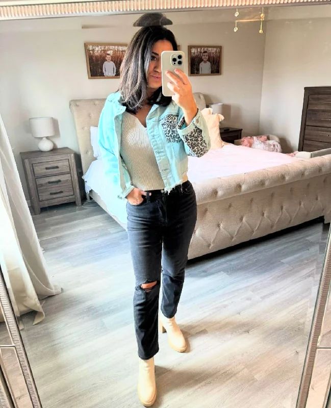 POL Distressed Raw Hem Jean Jacket w Leopard Patchwork Women’s Size Small Light Wash Jersey Jacket Tulle Jacket Batik Jacket