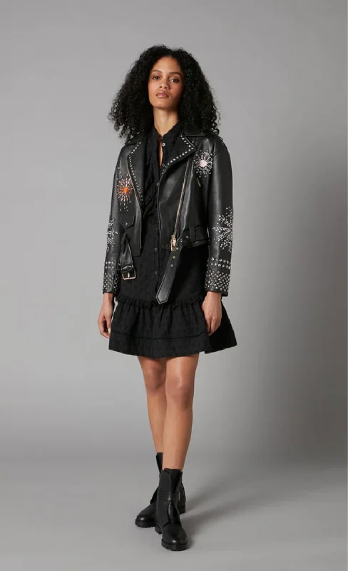 Rebel Leather Jacket - Black Embroidered Jacket Appliqued Jacket Beaded Jacket