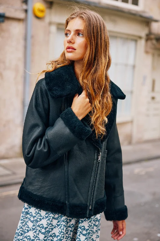 Reversible Shearling Biker Jacket | Black Cardigan Sweater Pullover