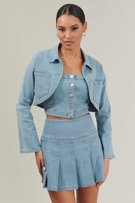 Roslyn Denim Bolero Cropped Jacket Boat Neck Shawl Collar Notched Collar