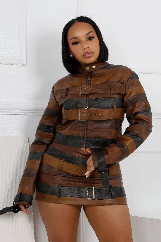 Savanna PU Color Block Jacket Welt Pockets Slit Pockets Flap Pockets