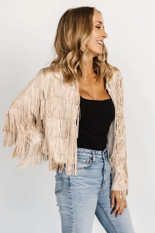 Sheridan Fringe Jacket | Champagne Stand-Up Collar Roll-Neck Collar Turtle Neck