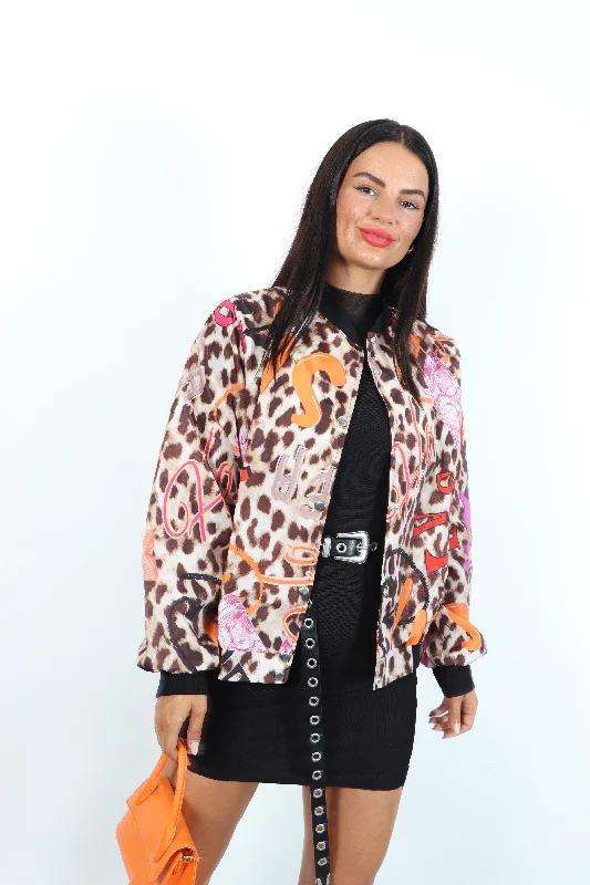 Time Bomb - Graffiti Leopard Lightweight Shell Bomber Jacket Fleece Jacket Down Jacket Feather Jacket