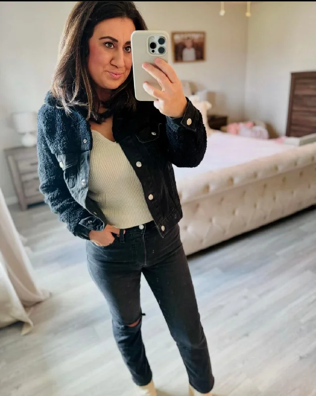 Topshop Jean Jacket w Sherpa Fleece Women’s Size 4 Black Mesh Jacket Canvas Jacket Denim Jacket