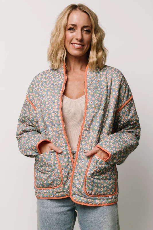 Vida Jacket | Dusty Blue + Coral Floral Collared Jacket Crew Neck Jacket Turtle Neck Jacket