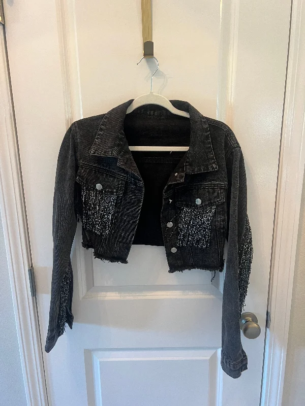 Cropped Jean Jacket w Fringe Tassels Women’s Size Medium Black Belted Jacket Elasticated Jacket Padded Jacket