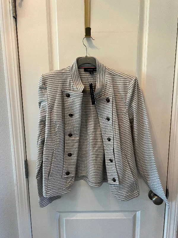 Tommy Hilfiger Striped Puff Sleeve Jacket Women’s Size Medium Gray Zippered Front Buttoned Front Snap Front