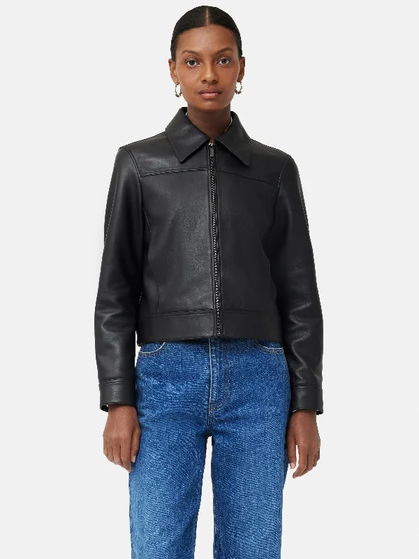 Zip Front Leather Biker Jacket | Black Print Jacket Jacquard Jacket Embroidered Jacket