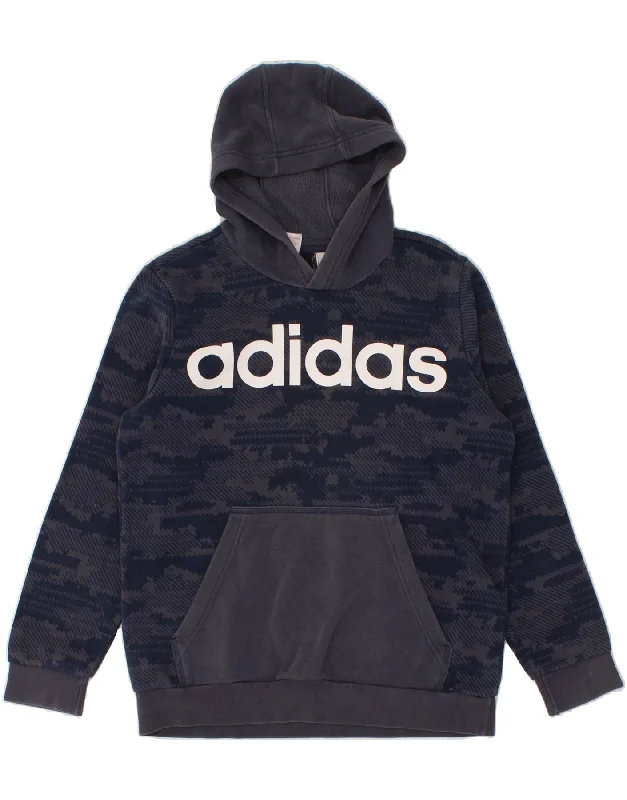 ADIDAS Boys Graphic Hoodie Jumper 13-14 Years Navy Blue Camouflage Cotton