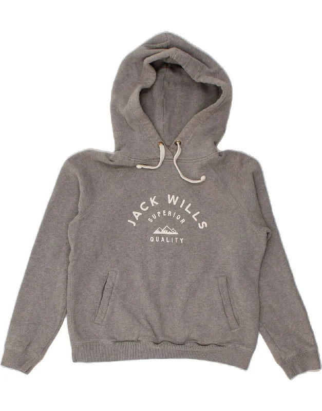 JACK WILLS Womens Graphic Crop Hoodie Jumper UK 10 Small Grey Cotton Hoodie with Patch Decorative Personalized