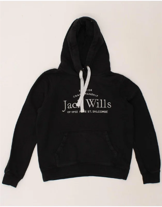 JACK WILLS Womens Graphic Hoodie Jumper UK 12 Medium Black Cotton Hoodie with Velcro Closure Adjustable Secure