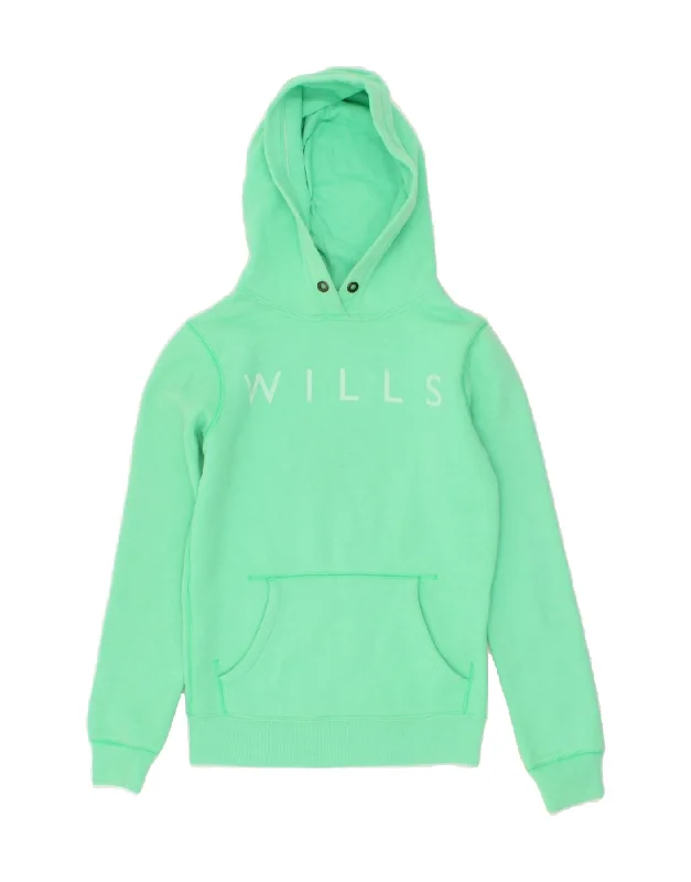 JACK WILLS Womens Graphic Hoodie Jumper UK 4 XS Green Cotton Hoodie with Distressed Vintage Worn JACK WILLS Womens Graphic Hoodie Jumper UK 4 XS Green Cotton Hoodie with Distressed Vintage Worn