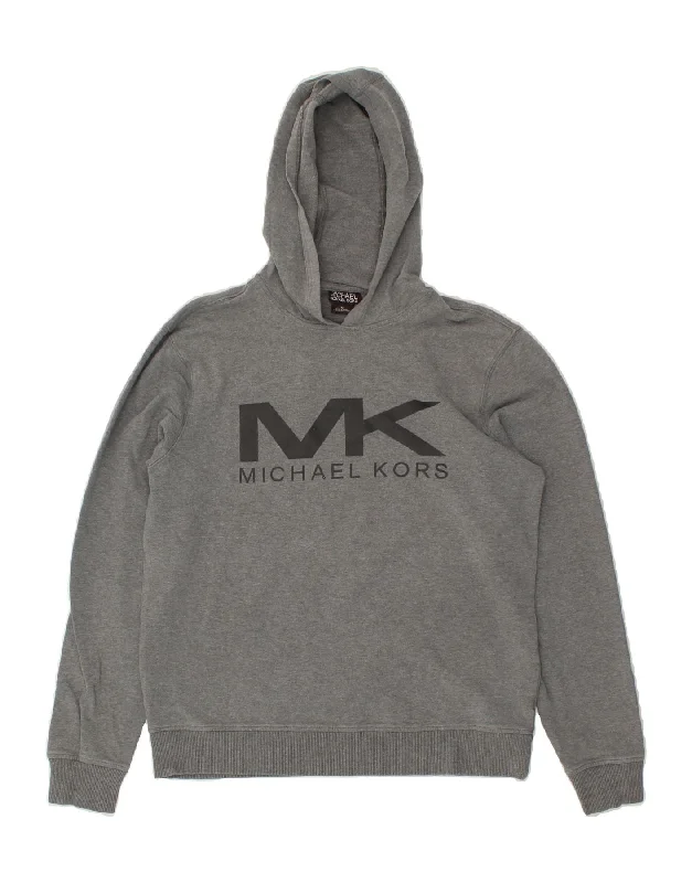 MICHAEL KORS Womens Graphic Hoodie Jumper UK 14 Medium Grey Cotton Zip Hoodie Drawstring Kangaroo Pocket