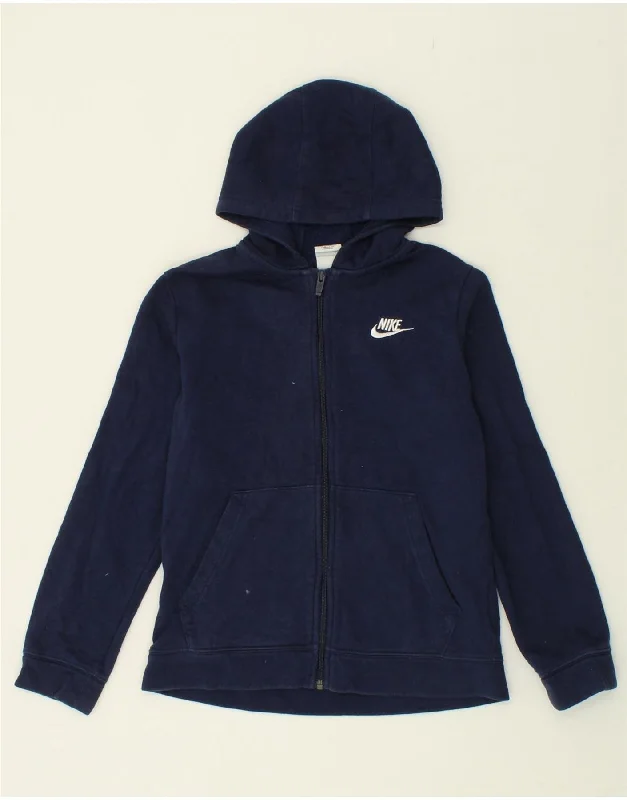 NIKE Boys Zip Hoodie Sweater 12-13 Years Large Navy Blue Cotton