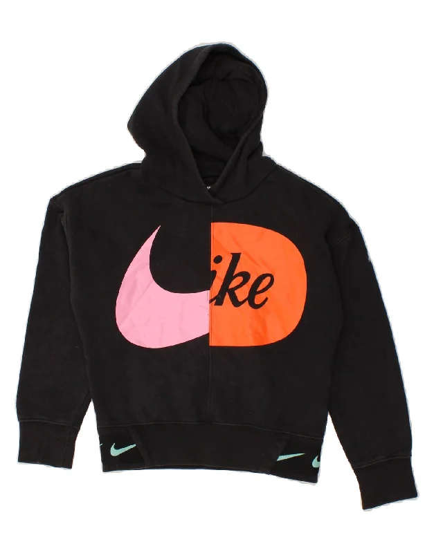 NIKE Girls Graphic Hoodie Jumper 10-11 Years Medium Black Cotton