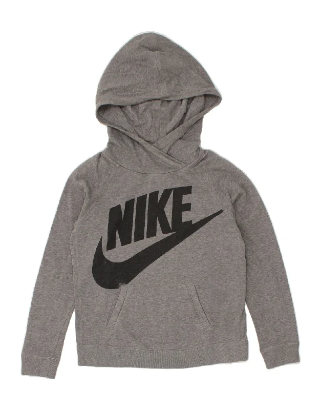 NIKE Girls Tall Graphic Hoodie Jumper 13-14 Years XL Grey Cotton