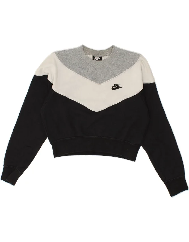 NIKE Womens Crop Sweatshirt Jumper UK 10 Small Black Colourblock Cotton Hoodie with Snap Buttons Easy Quick NIKE Womens Crop Sweatshirt Jumper UK 10 Small Black Colourblock Cotton Hoodie with Snap Buttons Easy Quick