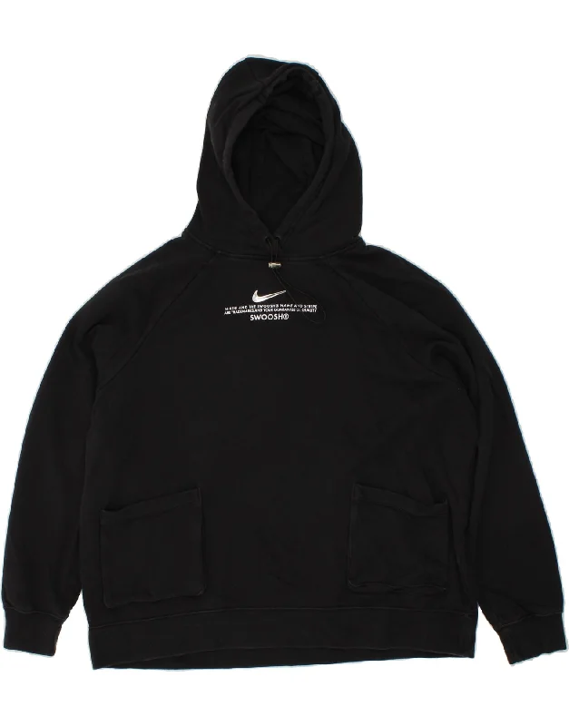 NIKE Womens Swoosh Oversized Graphic Hoodie Jumper UK 18 XL Black Cotton Hoodie with Mesh Breathable Sporty