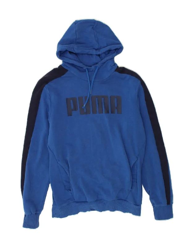 PUMA Mens Graphic Hoodie Jumper Small Blue Colourblock Cotton