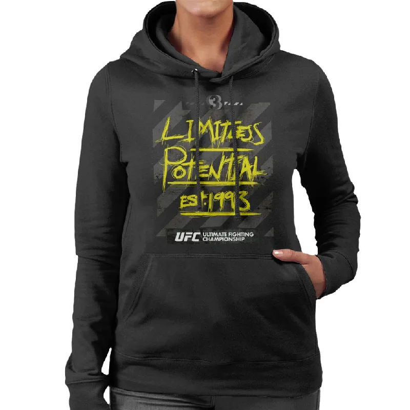 UFC Limitless Potential Tape Yellow Text Women's Hooded Sweatshirt Hoodie with High-Low Hem Asymmetrical Trendy UFC Limitless Potential Tape Yellow Text Women's Hooded Sweatshirt Hoodie with High-Low Hem Asymmetrical Trendy