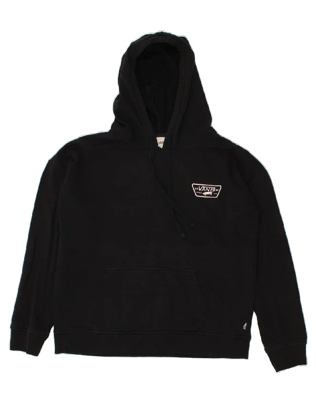 VANS Womens Hoodie Jumper UK 16 Large Black Cotton Hoodie with Raw Hem Edgy Unfinished