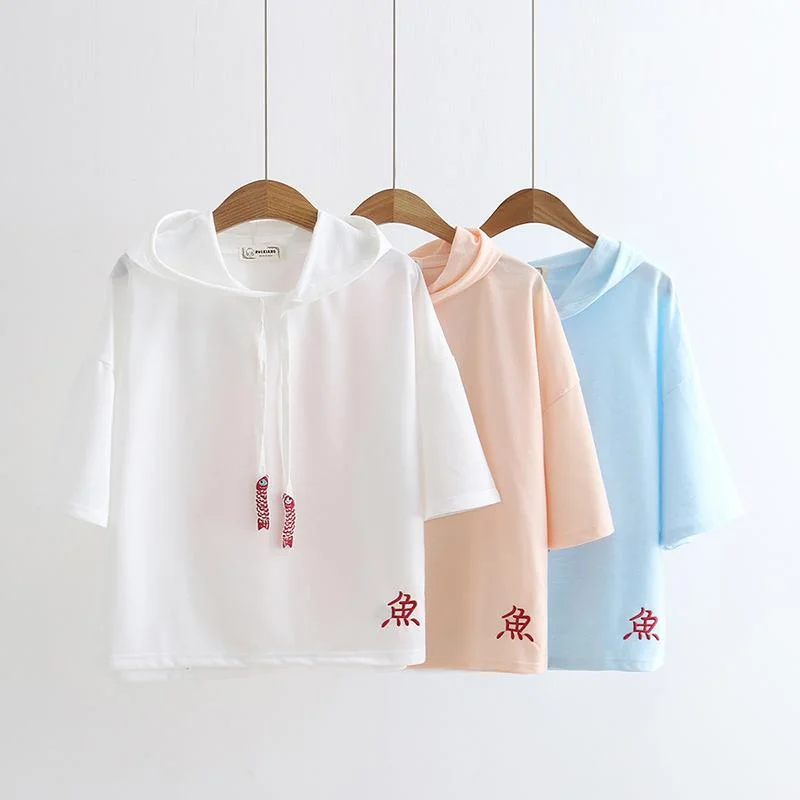 Women's Casual Fish Character Embroidered Fish Drawstring Pure Color Hoodies