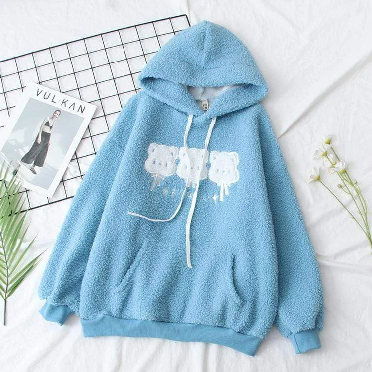 Women's Kawaii Baby Bears Wool-like Warm Hoodies Baby Blue