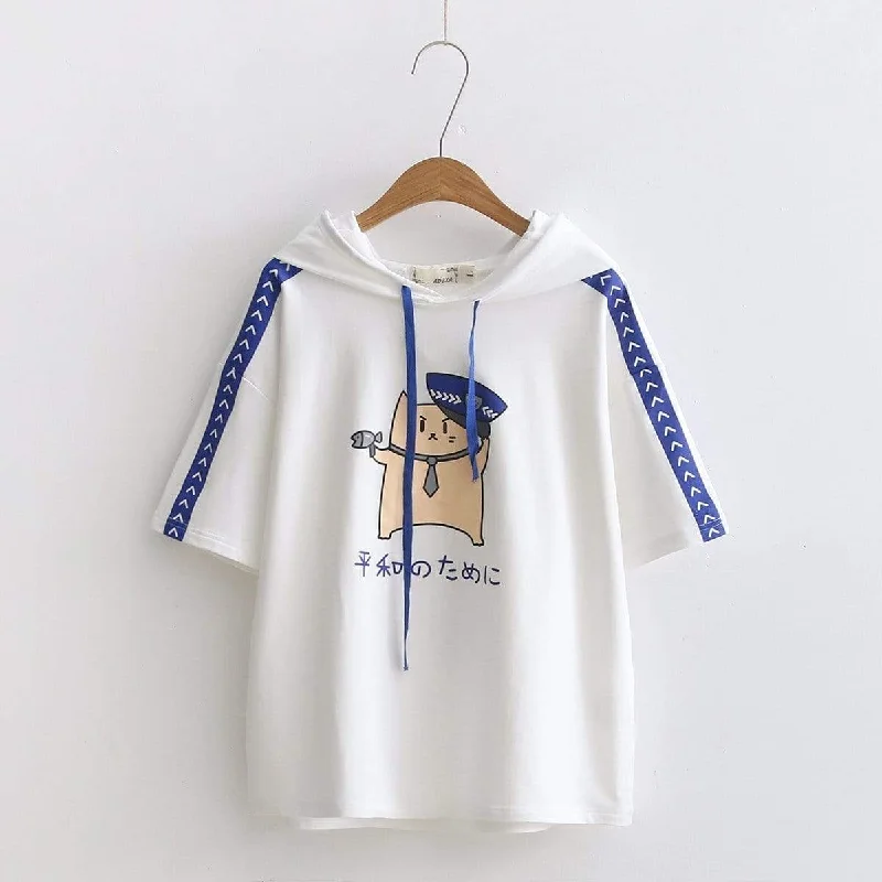 Women's Kawaii Cat Printed Contrast Color Striped Sleeved Hoodies