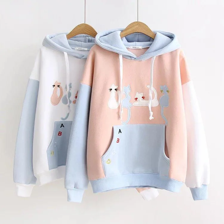 Women's Kawaii Cats Printed Contrast Color Hoodies With A Big Pocket