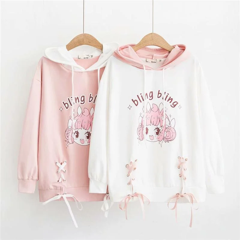 Women's Kawaii Little Girl Printed Lace-up Contrast Color Hoodies