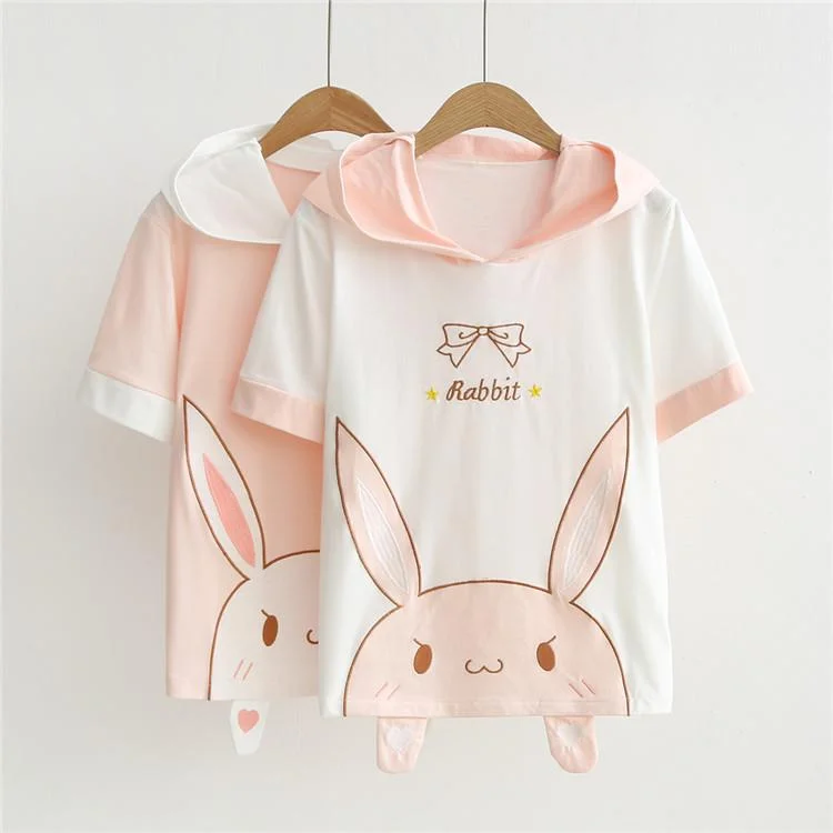 Women's Kawaii Rabbit Bownknot Printed Rabbit Ear Hooded Hoodies