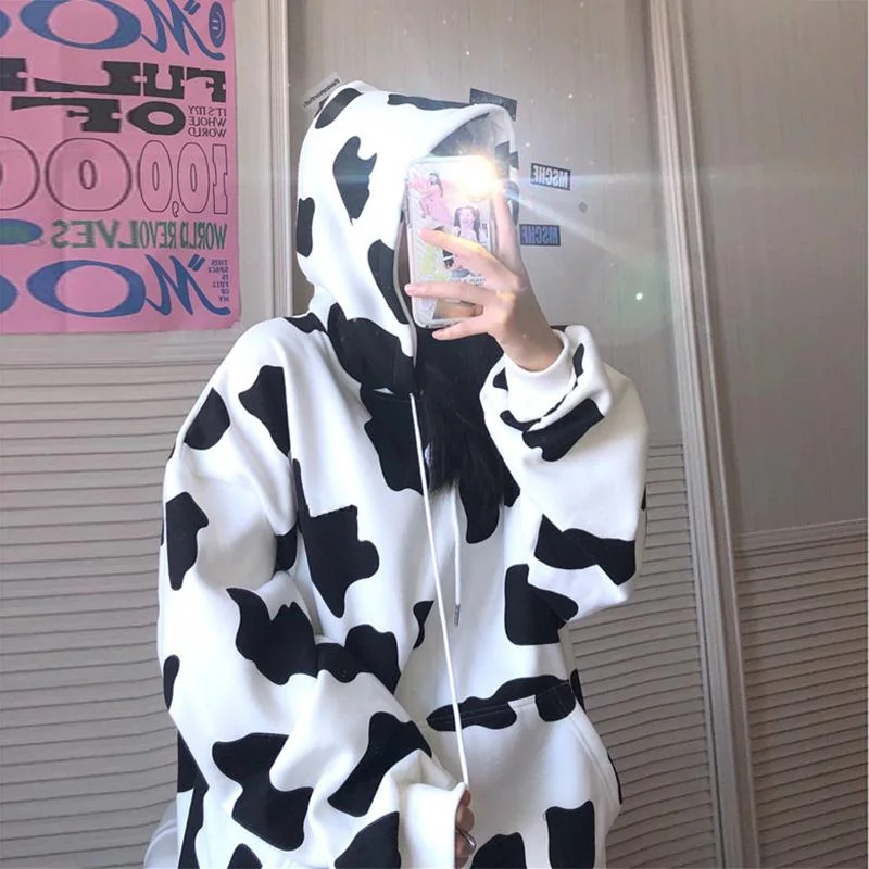 Women's Korean Fashion Dairy Cow Contrast Color  Hoodies